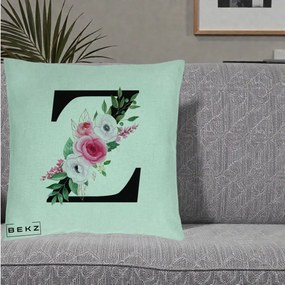 Cadou Personalizat - Perna Personalizata Monograma Florala Litera Z cu Buchet, 40x40 cm, Verde Menta, Husa Detasabila, Perna Inclusa, BEKZ®
