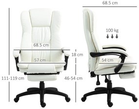 Vinsetto Scaun de birou reglabil cu suport pentru picioare, tetieră, funcție de masaj, piele ecologică, 68,5x68,5x113-121cm, Crem | Aosom Romania