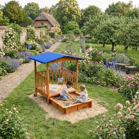 Groapa cu nisip cu verandă SUNNY, 130x130x143cm, maro/albastră Jurhan