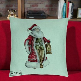 Perna Decorativa Mos Craciun Vintage cu Felinar, 40x40 cm, Verde Menta, Husa Detasabila, Perna Inclusa, BEKZ®