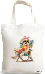 Sacosa de Panza pentru Cumparaturi, Geanta Tote, model Reading puppy 16 38 x 34.5 cm, Alba, BEKZ®