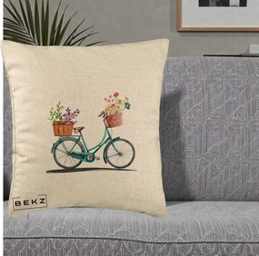 Perna Decorativa Bicicleta Florala Turcoaz Acuarela, 40x40 cm, Bej, Husa Detasabila, Perna Inclusa, BEKZ®