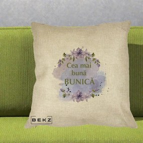 Cadou pentru Bunica - Perna Personalizata Cea Mai Buna Bunica Flori Mov Acuarela Auriu, 40x40 cm, Crem, Husa Detasabila, Perna Inclusa, BEKZ®