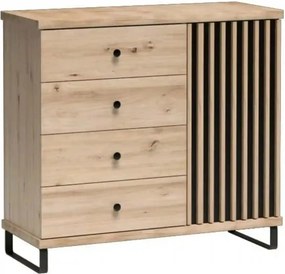 Comoda CALI C5, stejar arisan/negru, PAL, cu 4 sertare si o usa, 101.6