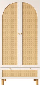 Dulap pentru haine cu 2 uși, front din ratan, sertar mare, rafturi reglabile pe înălțime și bară pentru haine, 180x85x52 cm, Alb