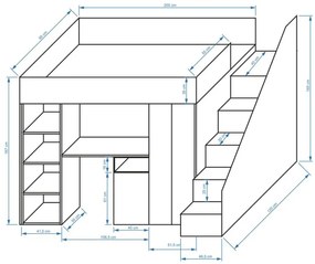 Pat pentru copii combinat 90 cm Kesa 14 (beton + alb mat). 1085829