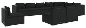 Set mobilier de gradina cu perne, 10 piese, negru, poliratan Negru, 3x colt + 7x mijloc, 1