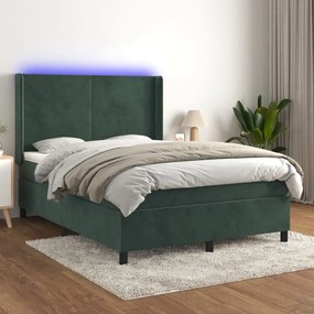 3139442 vidaXL Pat cu arcuri, saltea și LED, verde închis, 140x190 cm, catifea