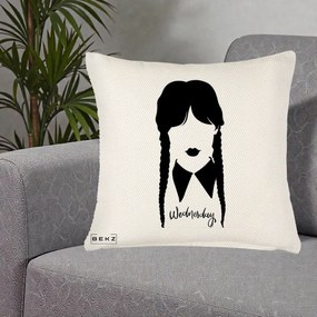 Perna Personalizata Wednesday Addams Silueta Alb-Negru, 40x40 cm, Crem Reliefat, Husa Detasabila, Perna Inclusa, BEKZ®