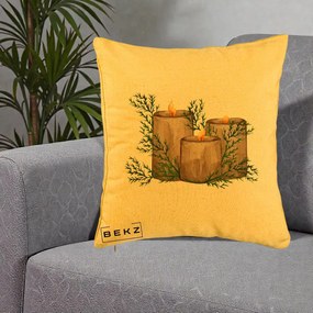 Perna Decorativa Lumanari Rustice cu Crengute Brad, 40x40 cm, Galben, Husa Detasabila, Perna Inclusa, BEKZ®
