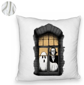 Perna Decorativa Fluffy de Halloween Fantoma si Vampir, 40x40 cm, Alba, Husa Detasabila, Burduf