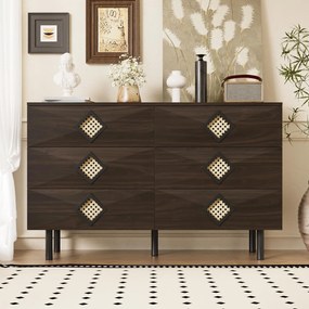 Masă de machiaj cu 6 sertare, mânere din ratan, spațiu mare de depozitare, pentru dormitor și living, 120x40x74,5 cm, Culoare naturală