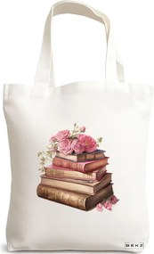 Sacosa de Panza pentru Cumparaturi, Geanta Tote, model Books and flowers 5 38 x 34.5 cm, Alba, BEKZ®