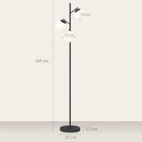 HOMCOM Lampadar de podea în metal cu 3 abajururi globe din sticlă mată albă 40W Ø 27 x 169 cm negru | Aosom Romania