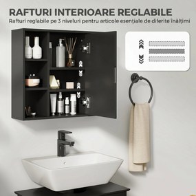 HOMCOM Dulap cu Oglindă pentru Baie, 3 Rafturi Laterale, Raft Reglabil, MDF și PAL, 60x14,5x49,4 cm, Negru și Lemn Natur | Aosom Romania