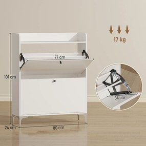 HOMCOM Dulap pentru încălțăminte Slim cu 2 sertare basculante și rafturi ajustabile, din lemn și metal, 80x24x101cm, alb | Aosom Romania