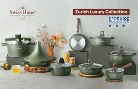 Set vase de gatit Swiss Haus SH-GPC3020G, 20 piese, Acoperire ceramica Sapphire, Fara PFAS, Cuptor pana la 220°C, Inductie, Verde