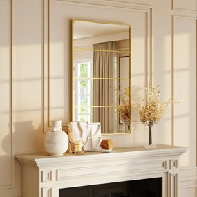 HOMCOM Oglindă de perete tip verrière, dreptunghiulară, stil industrial, montaj orizontal sau vertical cu 4 cârlige, din metal auriu 109 x 69 cm | Aosom Romania