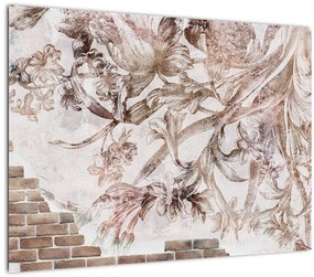 Tablou pe sticlă - Frescă florală pe un perete de cărămidă (70x50 cm)