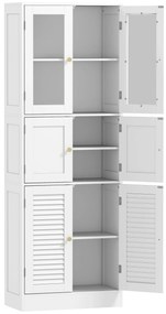 HOMCOM Dulap pentru baie cu 3 compartimente și 2 uși din sticlă și lemn, rafturi reglabile, 60x30x170 cm, alb | Aosom Romania