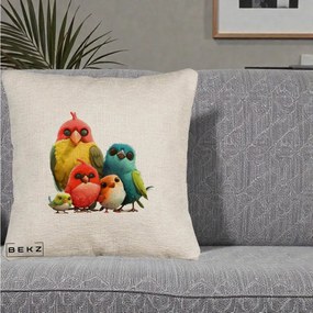 Perna Decorativa Familie de Pasarele Colorate, 40x40 cm, Bej Canapea, Husa Detasabila, Perna Inclusa, BEKZ®
