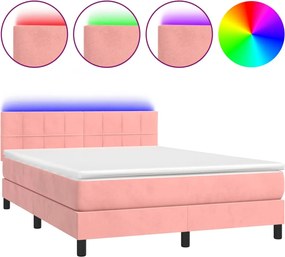 vidaXL Pat cu arcuri, cu saltea și LED, roz, 140x190 cm catifea
