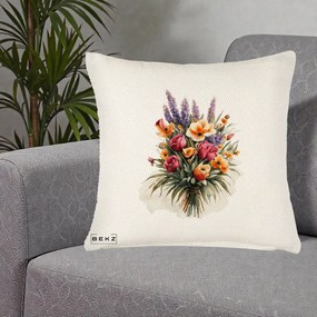 Perna Decorativa Buchet Mixt Acuarela Lavanda-Trandafiri, 40x40 cm, Crem Reliefat, Husa Detasabila, Perna Inclusa, BEKZ®