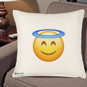 Perna Decorativa Emoji Inger cu Aureola, 40x40 cm, Crem Reliefat, Husa Detasabila, Perna Inclusa, BEKZ®
