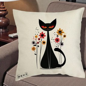 Perna Decorativa Pisica Neagra Ochi Rosii Flori, 40x40 cm, Ecru, Husa Detasabila, Perna Inclusa, BEKZ®