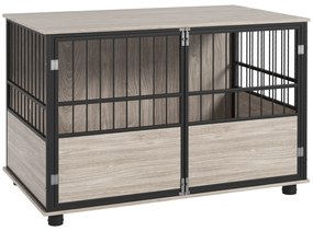 PawHut Cușcă pentru câini de interior, masă laterală, 100 x 60 x 68 cm, locuință, 3 uși blocabile, aspect de nuc negru | Aosom Romania