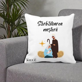 Perna Decorativa Nasterea Domnului Sfanta Familie Sarbatoarea Nasterii, 40x40 cm, Alba Mata, Husa Detasabila, Perna Inclusa, BEKZ®