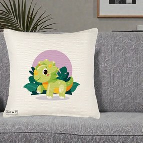 Perna Decorativa Triceratops Kawaii Verde, 40x40 cm, Crem Reliefat, Husa Detasabila, Perna Inclusa, BEKZ®