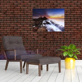 Tablou pe sticlă cu munți în ceață (70x50 cm)