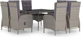 vidaXL Set mobilier grădină, 9 piese, gri, poliratan și sticlă