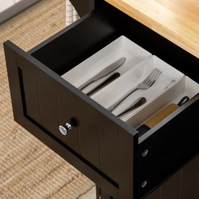 HOMCOM Masă de bucătărie insulă multi-depozitare 1 sertar 2 dulapuri 3 uși cu raft suport prosoape lemn de hevea negru | Aosom Romania