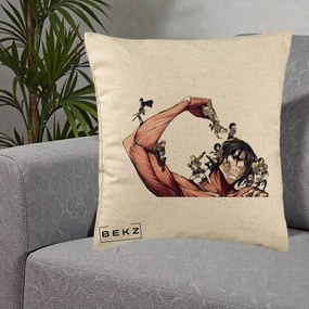 Perna Personalizata Attack on Titan Eren Titan Grup, 40x40 cm, Bej, Husa Detasabila, Perna Inclusa, BEKZ®
