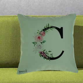 Cadou Personalizat - Perna Personalizata Monograma Florala Litera C, 40x40 cm, Verde, Husa Detasabila, Perna Inclusa, BEKZ®