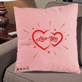 Cadou Romantic - Perna Personalizata Love You Doua Inimi, 40x40 cm, Roz, Husa Detasabila, Perna Inclusa, BEKZ®