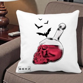 Perna Decorativa Halloween Craniu-Sticla cu Lilieci, 40x40 cm, Alba Mata, Husa Detasabila, Perna Inclusa, BEKZ®