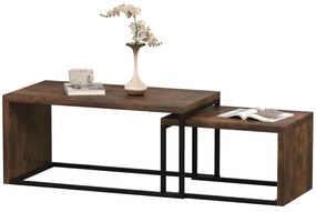 HOMCOM Set de Mese de Cafea 2 bucăți, Masă de Cafea, Masă Laterală, MDF, Metal, 90 x 48 x 42 cm / 59 x 42 x 36 cm, Negru+Maro | Aosom Romania