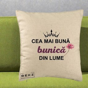 Cadou pentru Bunica - Perna Personalizata Cea Mai Buna Bunica Din Lume Coroana Mov Floare Roz, 40x40 cm, Bej, Husa Detasabila, Perna Inclusa, BEKZ®