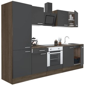 Mobilă de bucătărie Yorki 270, corp stejar Yorki, față antracit satinat cu element cuptor inferior, dulap cu rafturi