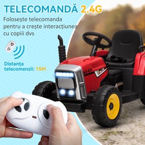 HOMCOM Tractor Electric pentru Copii cu Remorcă Detașabilă, Telecomandă și Lumini, pentru Copii 3-6 Ani, 136,5x50x52,5 cm, Roșu | Aosom Romania