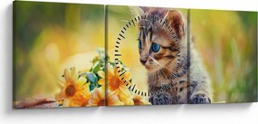 Tablou cu pisicuța uitându-se la floare (cu ceas) (90x30 cm)