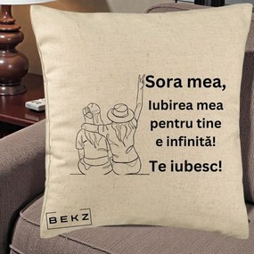 Cadou pentru Sora - Perna Personalizata Sora Mea Te Iubesc Line Art Portrete Colorate, 40x40 cm, Bej, Husa Detasabila, Perna Inclusa, BEKZ®