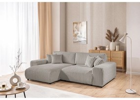 Colțar gri deschis extensibil, cu spațiu de depozitare, cu tapițerie din catifea reiată (cu colț pe partea stângă) Sarina – Ropez