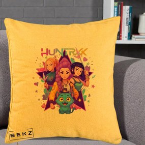 Perna Personalizata K-pop HUNTRX Trio cu Pisica Stele, 40x40 cm, Galben, Husa Detasabila, Perna Inclusa, BEKZ®