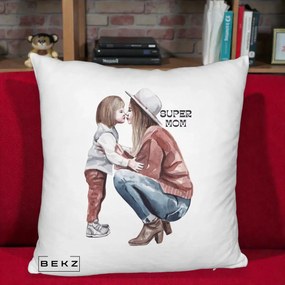 Cadou pentru Mama - Perna Personalizata Super Mom Acuarela, 40x40 cm, Alb Pufos, Husa Detasabila, Perna Inclusa, BEKZ®