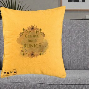 Cadou pentru Bunica - Perna Personalizata Cea Mai Buna Bunica Flori Mov Acuarela Auriu, 40x40 cm, Galben, Husa Detasabila, Perna Inclusa, BEKZ®