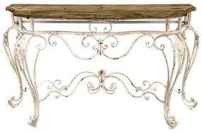 Consolă shabby chic din lemn și fier forjat, cu finisaj alb antichizat, Clemence